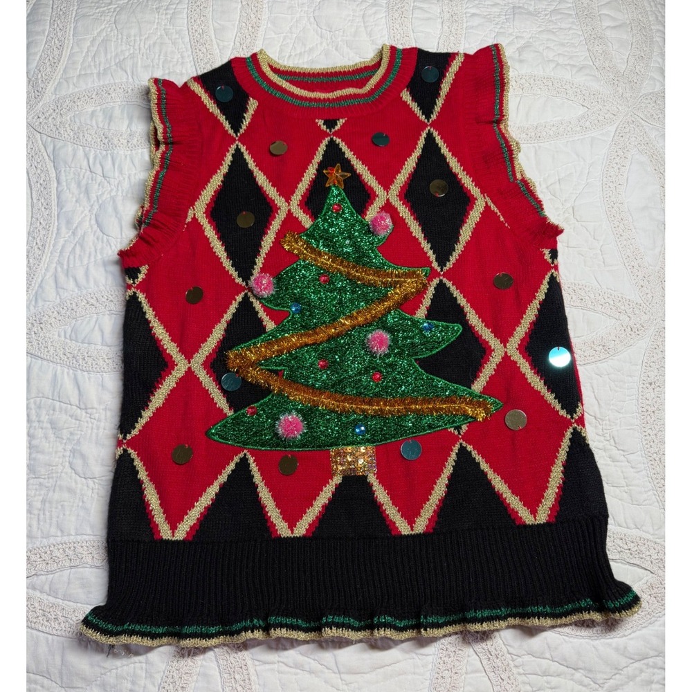 Blizzard Bay Ugly Christmas Sweater Vest Red‎ Argyle Tree Ruffle Women Small